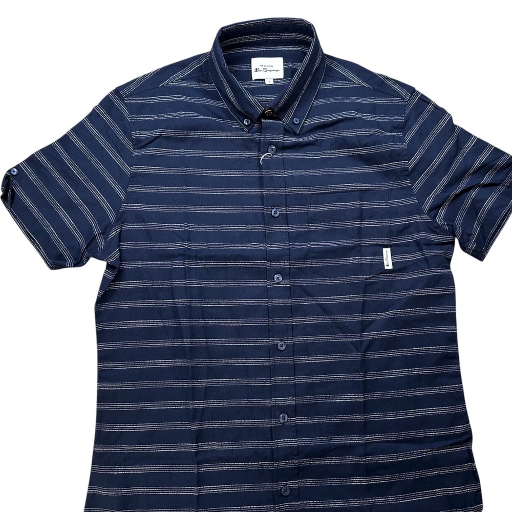 BEN SHERMAN Mod Fit Maritime Blue Stripe Short Sleeve Shirt Men's Small NEW